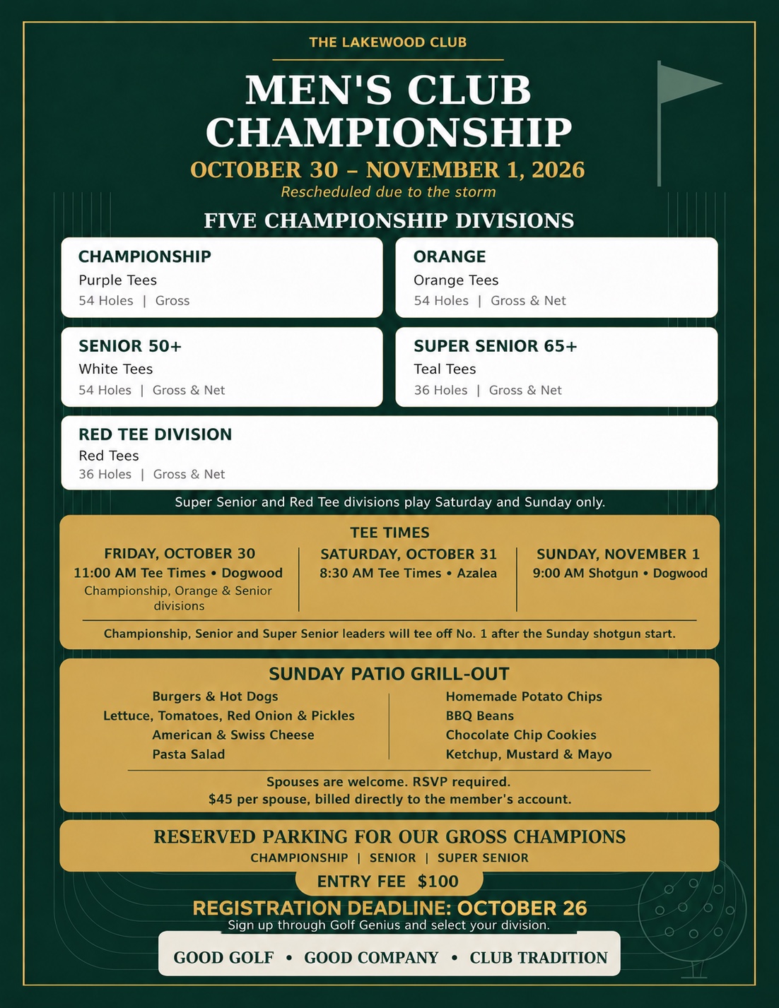 Men’s Club Championship flyer. The Lakewood Club, October 30 to November 1, 2026, rescheduled due to the storm. Five divisions: Championship on purple tees over 54 holes gross; Orange on orange tees over 54 holes gross and net; Senior 50+ on white tees over 54 holes gross and net; Super Senior 65+ on teal tees over 36 holes gross and net; and the Red Tee division on red tees over 36 holes gross and net. Entry fee $100, registration deadline October 26 through Golf Genius.